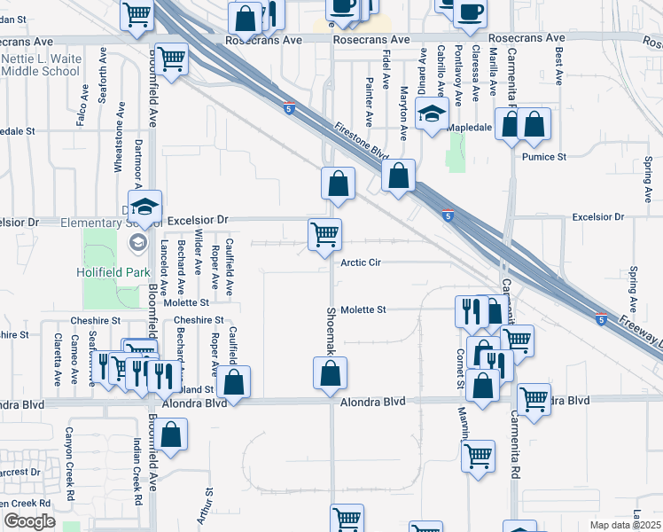 map of restaurants, bars, coffee shops, grocery stores, and more near 15301 Shoemaker Ave in Norwalk
