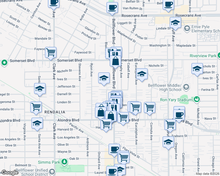 map of restaurants, bars, coffee shops, grocery stores, and more near 15517 Blaine Avenue in Bellflower