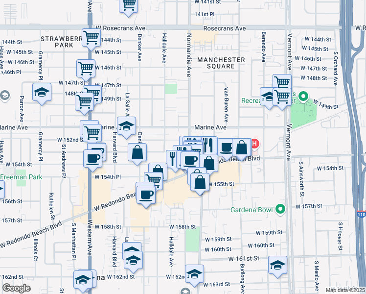 map of restaurants, bars, coffee shops, grocery stores, and more near 15309 Normandie Avenue in Gardena