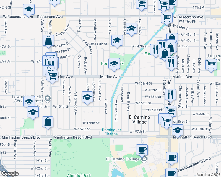 map of restaurants, bars, coffee shops, grocery stores, and more near 3601 West 153rd Street in Lawndale