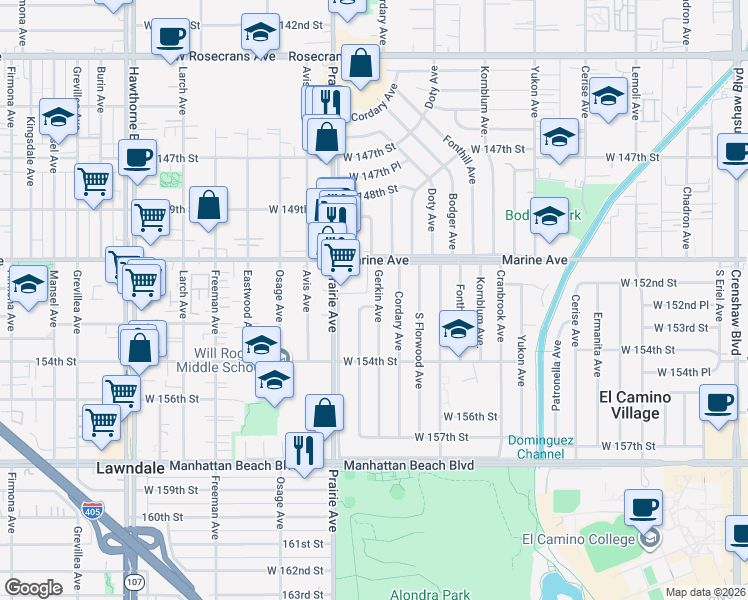 map of restaurants, bars, coffee shops, grocery stores, and more near 15252 Roselle Avenue in Lawndale