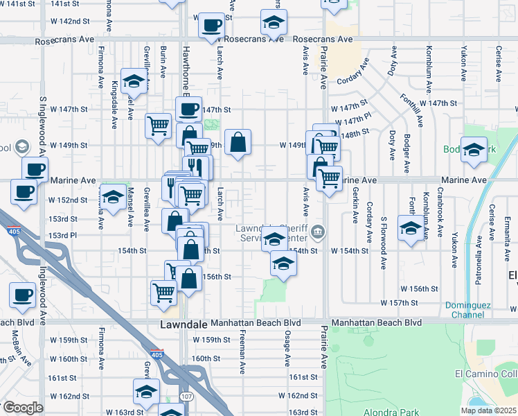 map of restaurants, bars, coffee shops, grocery stores, and more near 15236 Freeman Avenue in Lawndale