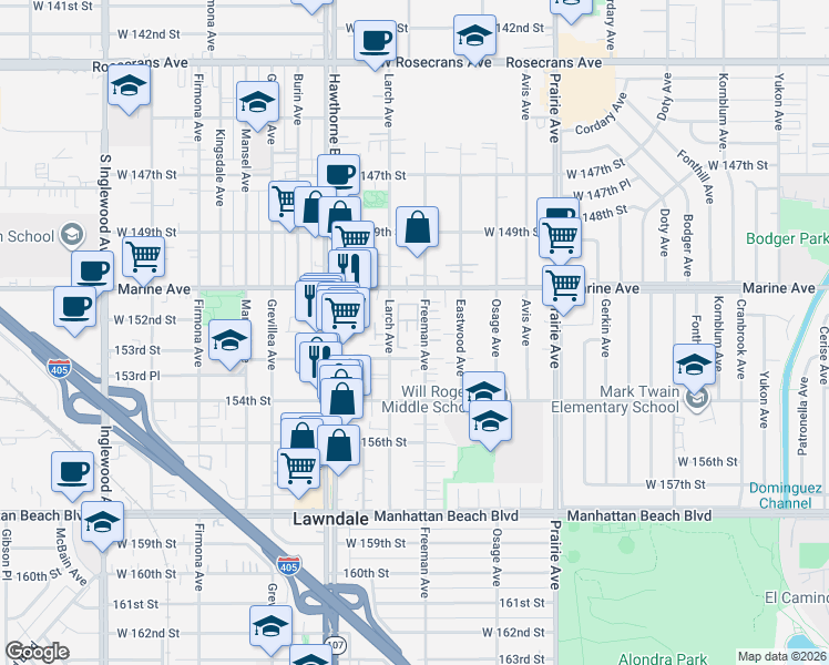 map of restaurants, bars, coffee shops, grocery stores, and more near 4231 153rd Street in Lawndale