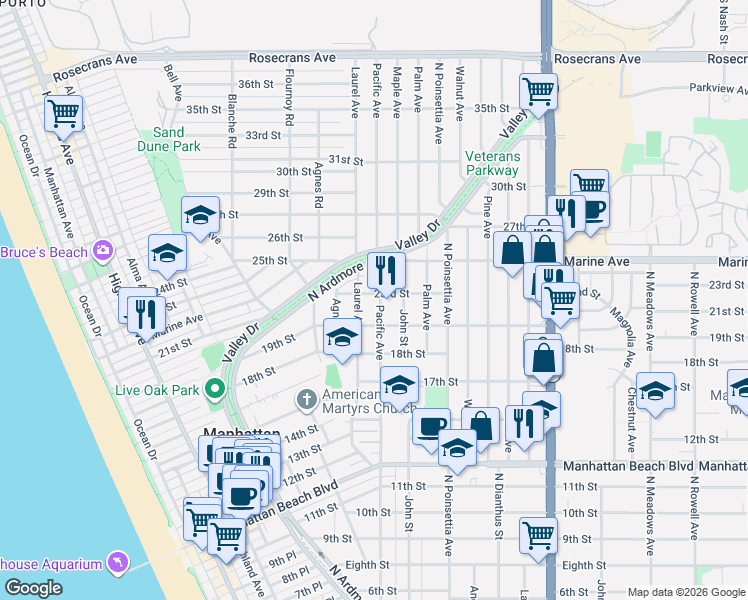 map of restaurants, bars, coffee shops, grocery stores, and more near 2205 Pacific Avenue in Manhattan Beach