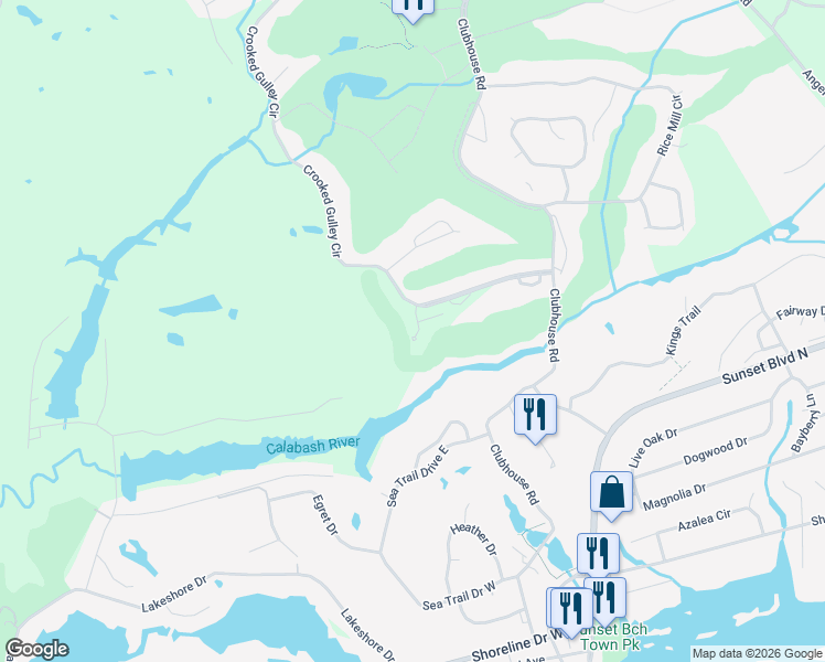 map of restaurants, bars, coffee shops, grocery stores, and more near 147 Crooked Gulley Circle in Sunset Beach