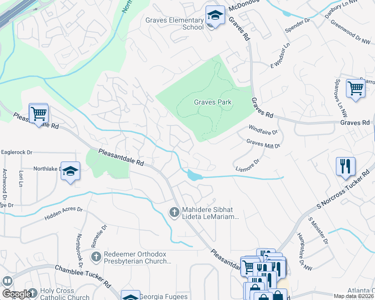 map of restaurants, bars, coffee shops, grocery stores, and more near 3965 Wolcott Circle in Atlanta