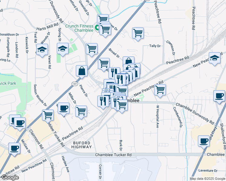 map of restaurants, bars, coffee shops, grocery stores, and more near 3477 Chamblee Dunwoody Way in Chamblee