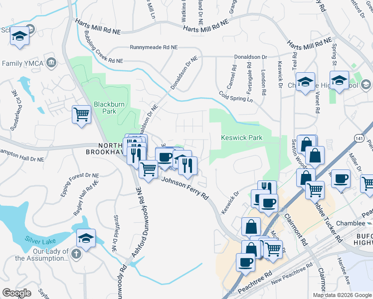 map of restaurants, bars, coffee shops, grocery stores, and more near 3633 Brookleigh Lane Northeast in Brookhaven
