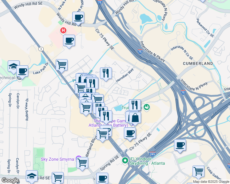 map of restaurants, bars, coffee shops, grocery stores, and more near in Smyrna