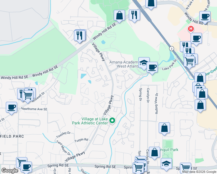 map of restaurants, bars, coffee shops, grocery stores, and more near 42 Springhedge Court Street in Smyrna