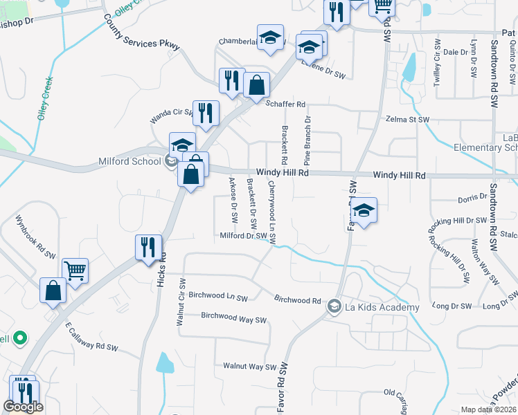 map of restaurants, bars, coffee shops, grocery stores, and more near 2504 Brackett Drive Southwest in Marietta