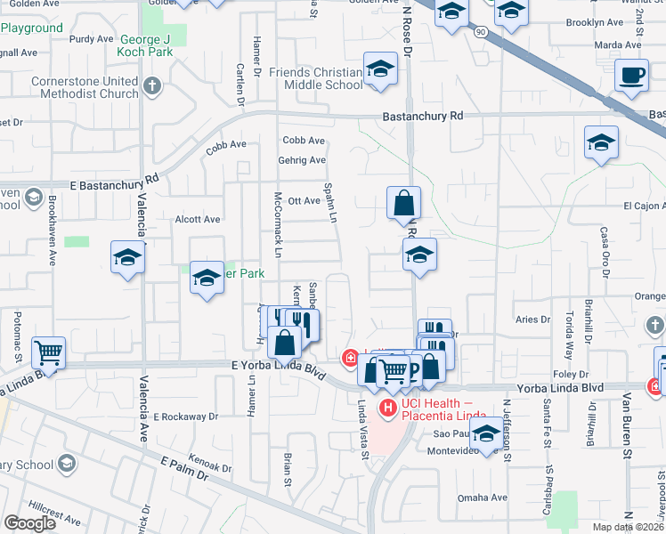 map of restaurants, bars, coffee shops, grocery stores, and more near 1010 Huggins Avenue in Placentia
