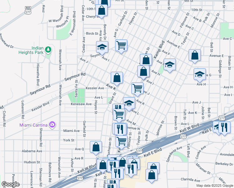 map of restaurants, bars, coffee shops, grocery stores, and more near 2111 Buchanan Street in Wichita Falls