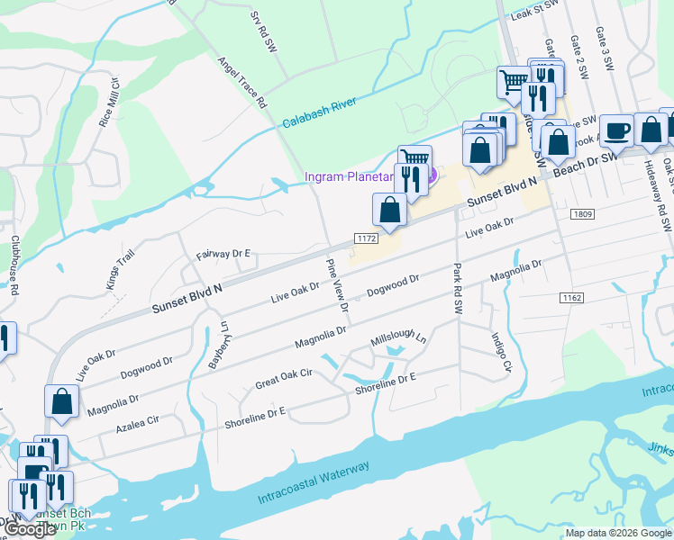 map of restaurants, bars, coffee shops, grocery stores, and more near 621 Dogwood Drive in Sunset Beach