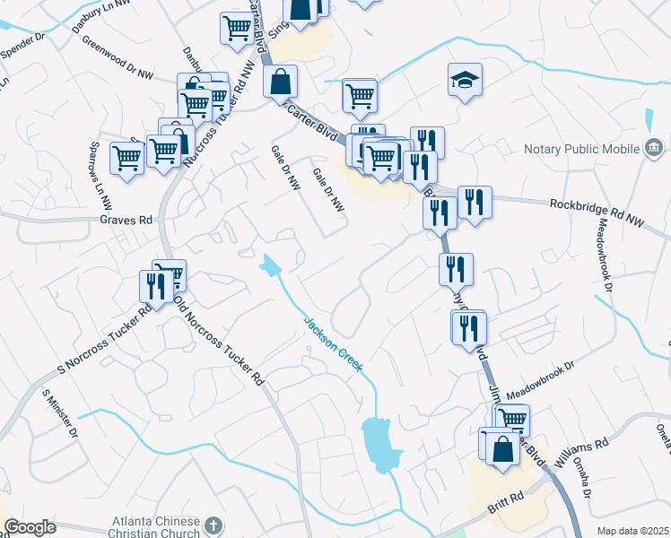 map of restaurants, bars, coffee shops, grocery stores, and more near 6338 Delnorte Court Northwest in Norcross