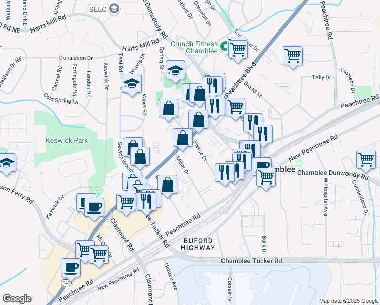 map of restaurants, bars, coffee shops, grocery stores, and more near 5305 Peachtree Industrial Boulevard in Chamblee