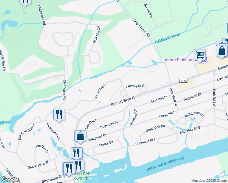 map of restaurants, bars, coffee shops, grocery stores, and more near 512 Fairway Drive West in Sunset Beach