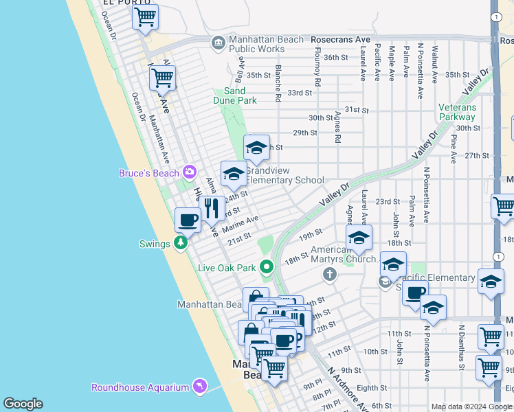 map of restaurants, bars, coffee shops, grocery stores, and more near 508 23rd Street in Manhattan Beach