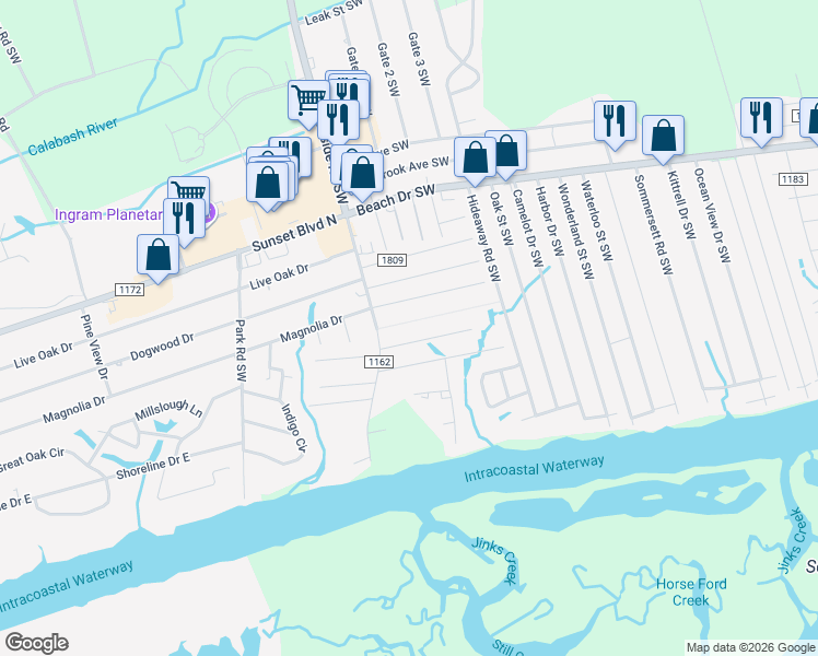 map of restaurants, bars, coffee shops, grocery stores, and more near 7292 Lula Street Southwest in Ocean Isle Beach
