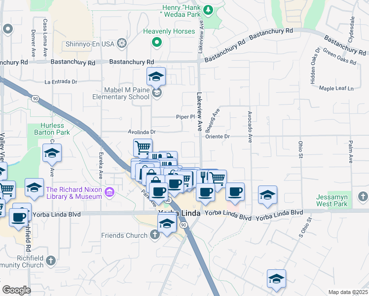 map of restaurants, bars, coffee shops, grocery stores, and more near 4676 School Street in Yorba Linda