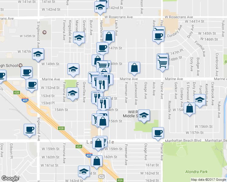 map of restaurants, bars, coffee shops, grocery stores, and more near 15205 Larch Avenue in Lawndale