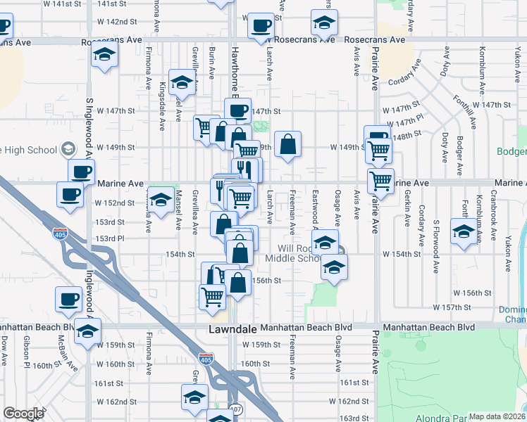 map of restaurants, bars, coffee shops, grocery stores, and more near 4231 153rd Street in Lawndale