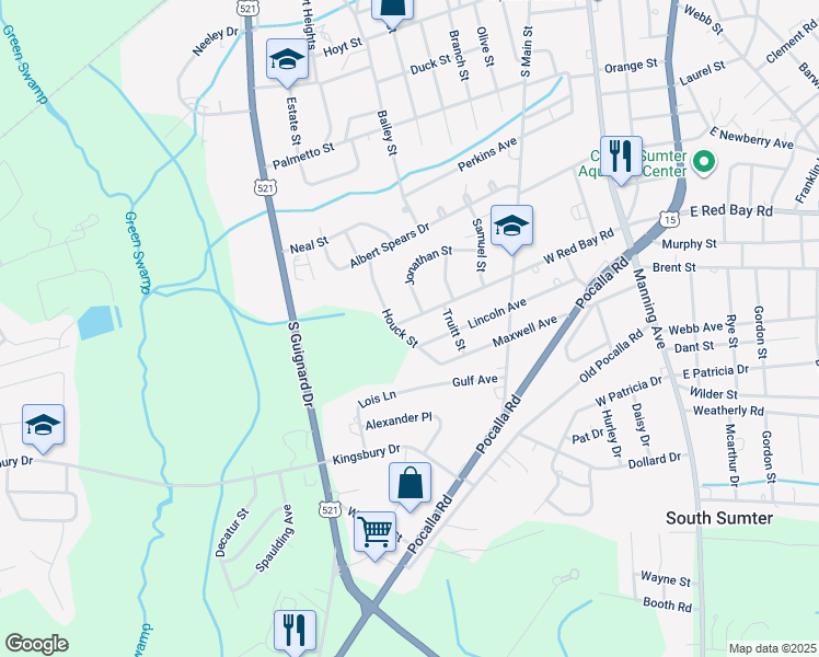 map of restaurants, bars, coffee shops, grocery stores, and more near 1016-1034 Houck Street in Sumter