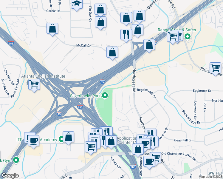 map of restaurants, bars, coffee shops, grocery stores, and more near 3200 Atlanta Silverbacks Way in Atlanta