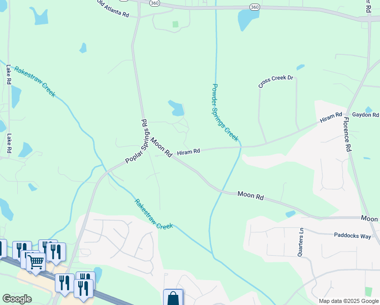 map of restaurants, bars, coffee shops, grocery stores, and more near 5830 Hiram Road in Powder Springs