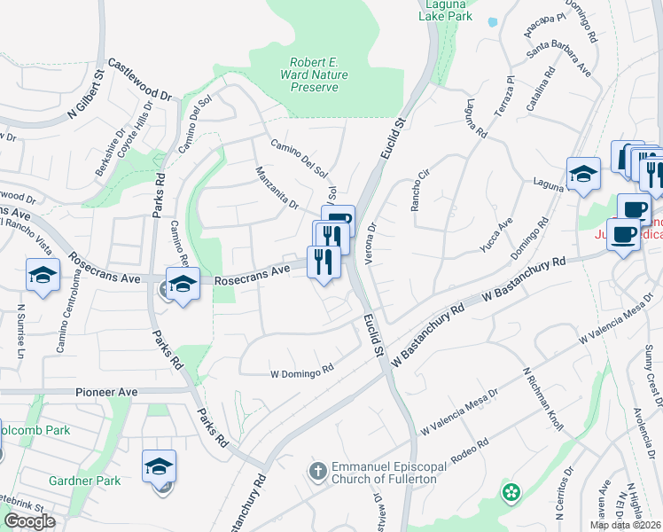 map of restaurants, bars, coffee shops, grocery stores, and more near 1030 Rosecrans Avenue in Fullerton