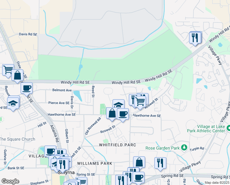 map of restaurants, bars, coffee shops, grocery stores, and more near 2904 Cottesford Way Southeast in Smyrna