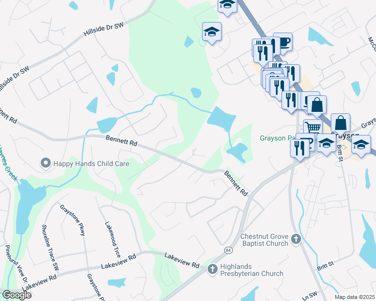 map of restaurants, bars, coffee shops, grocery stores, and more near 1952 Bennett Road in Grayson