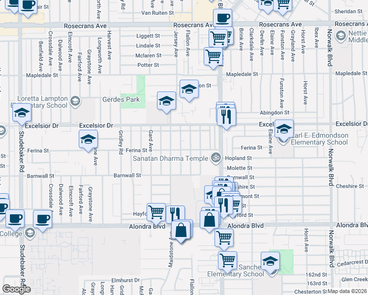 map of restaurants, bars, coffee shops, grocery stores, and more near 15217 Jersey Avenue in Norwalk