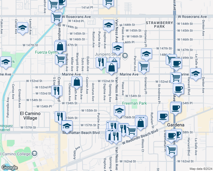 map of restaurants, bars, coffee shops, grocery stores, and more near 15216 Daphne Avenue in Gardena