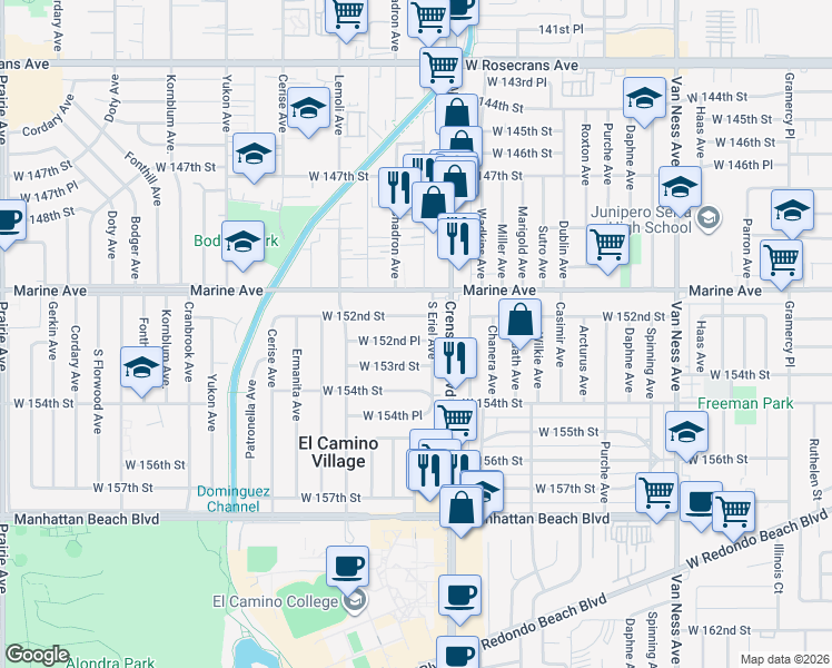 map of restaurants, bars, coffee shops, grocery stores, and more near 3139 West 152nd Place in Gardena