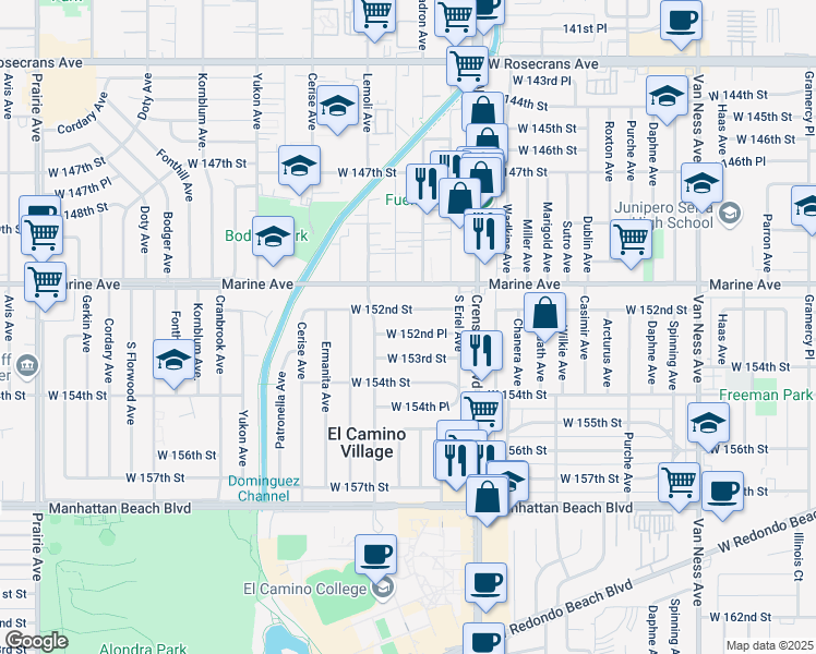 map of restaurants, bars, coffee shops, grocery stores, and more near 3203 West 153rd Street in Gardena