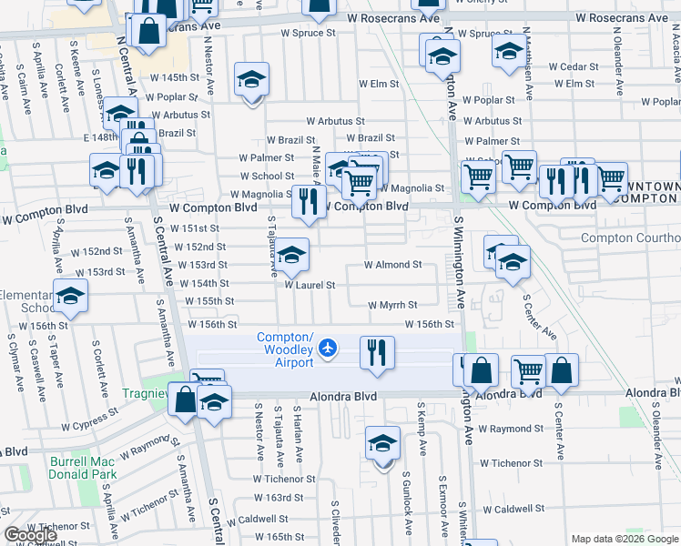 map of restaurants, bars, coffee shops, grocery stores, and more near 309 South Dwight Avenue in Compton