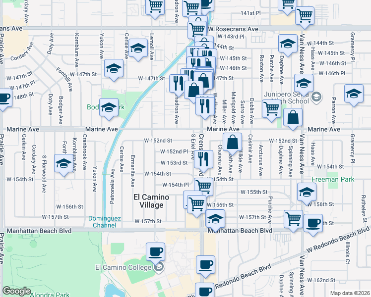 map of restaurants, bars, coffee shops, grocery stores, and more near 3139 West 152nd Place in Gardena