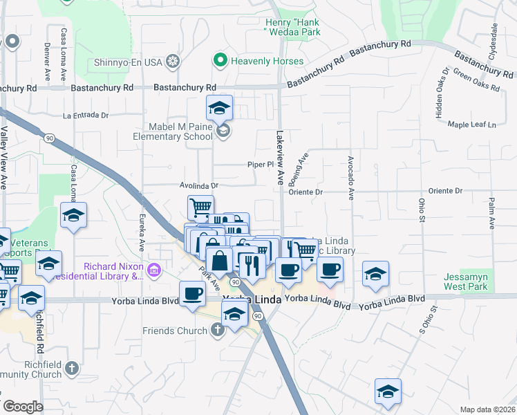 map of restaurants, bars, coffee shops, grocery stores, and more near 4676 School Street in Yorba Linda