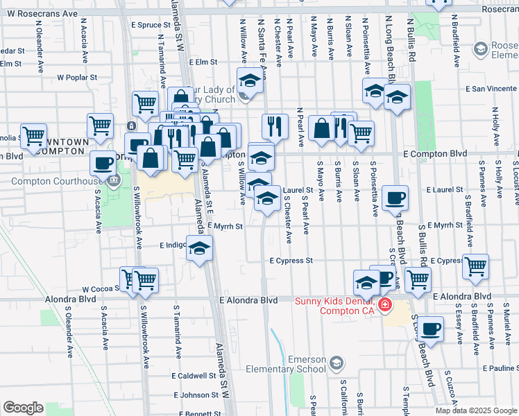 map of restaurants, bars, coffee shops, grocery stores, and more near 403 South Santa Fe Avenue in Compton