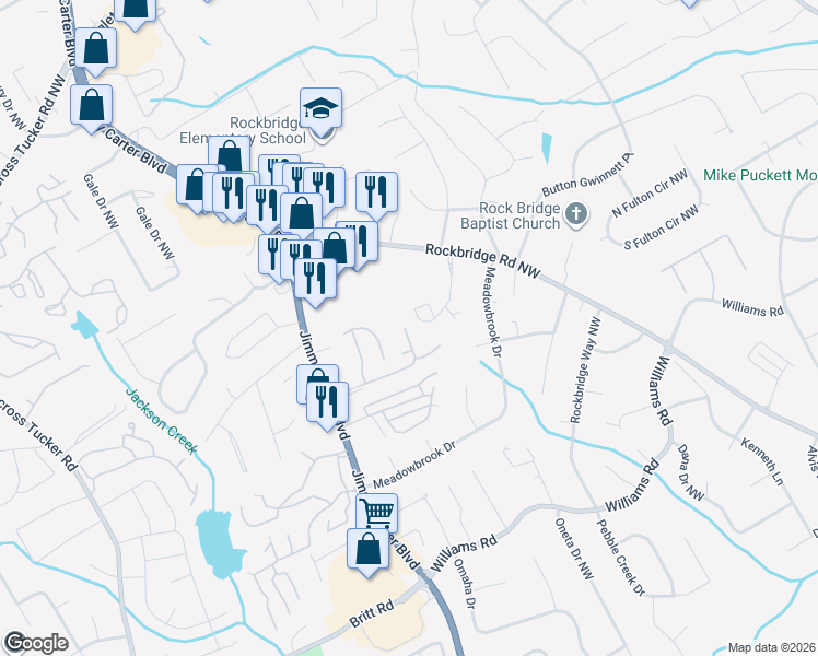 map of restaurants, bars, coffee shops, grocery stores, and more near 913 Redwood Drive Northwest in Norcross
