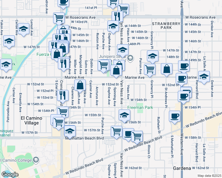 map of restaurants, bars, coffee shops, grocery stores, and more near 15216 Daphne Avenue in Gardena