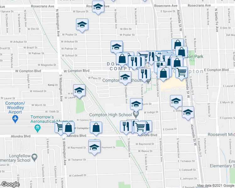 map of restaurants, bars, coffee shops, grocery stores, and more near 427 West Laurel Street in Compton
