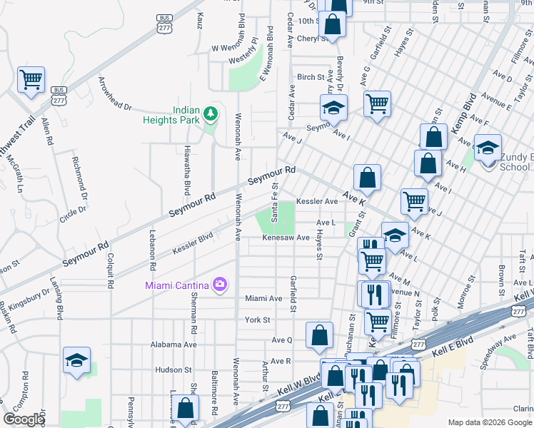 map of restaurants, bars, coffee shops, grocery stores, and more near 3205 Kessler Boulevard in Wichita Falls