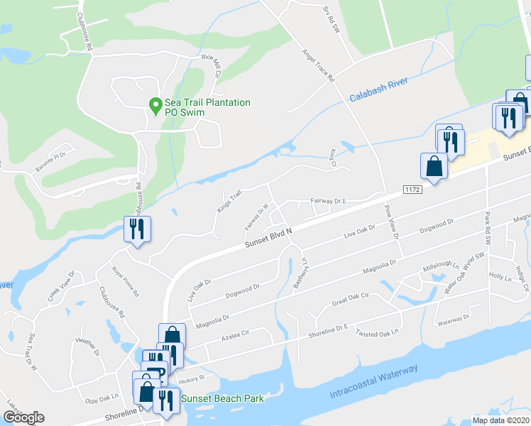 map of restaurants, bars, coffee shops, grocery stores, and more near 507 Fairway Drive West in Sunset Beach