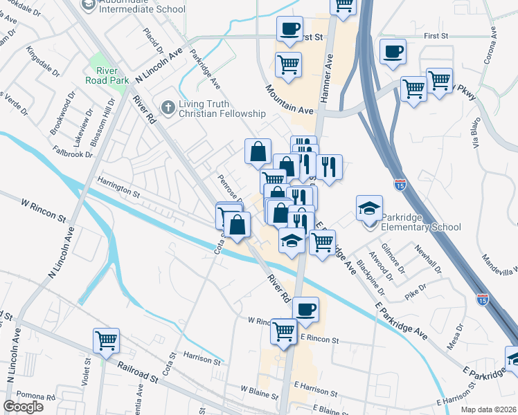 map of restaurants, bars, coffee shops, grocery stores, and more near 940 North Cota Street in Corona