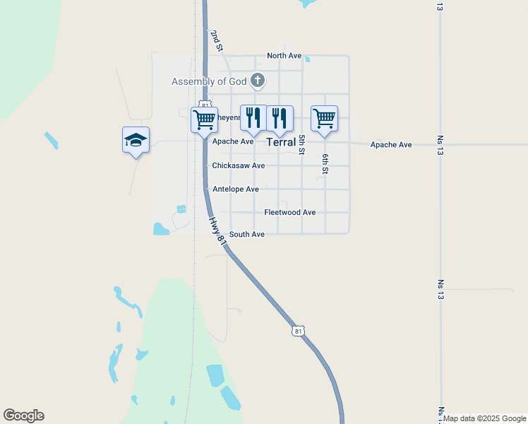 map of restaurants, bars, coffee shops, grocery stores, and more near 303 Antelope Avenue in Terral
