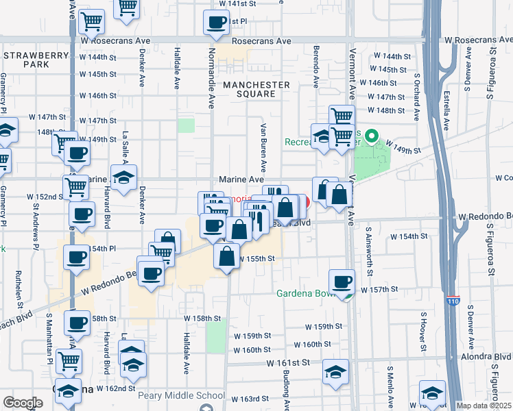 map of restaurants, bars, coffee shops, grocery stores, and more near 15214 South Raymond Avenue in Gardena