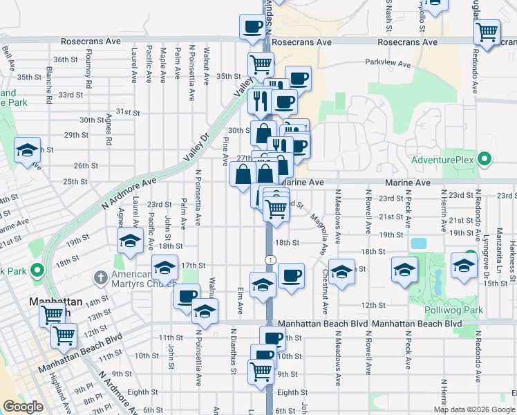 map of restaurants, bars, coffee shops, grocery stores, and more near in Manhattan Beach