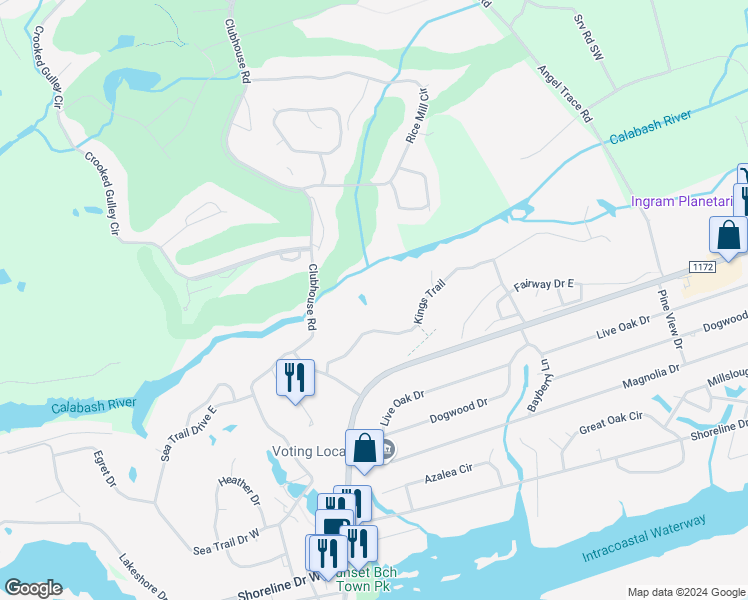 map of restaurants, bars, coffee shops, grocery stores, and more near 227 Kings Trail in Sunset Beach